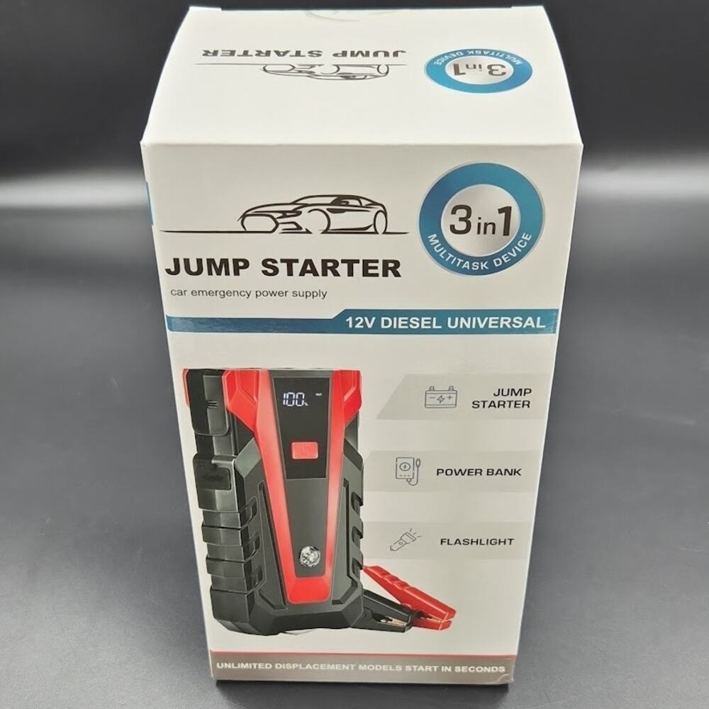 3-in-1 12V Car Jump Starter Power Bank LED Flashlight USB-C – New in Box